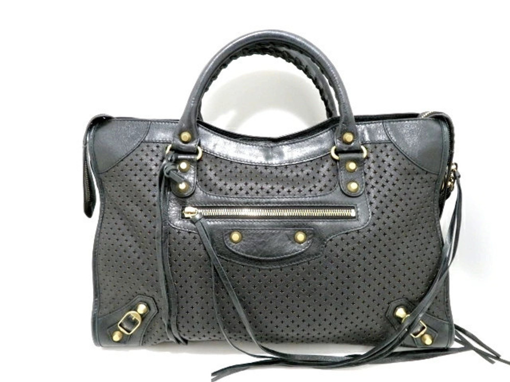 Balenciaga The City Shoulder Bag Perforated Calf Leather Black